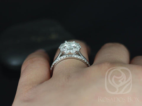 Blossom 6.5mm & Pernella 14kt Moissanite Diamonds Scalloped Flower Halo Bridal Set - Rosados Box