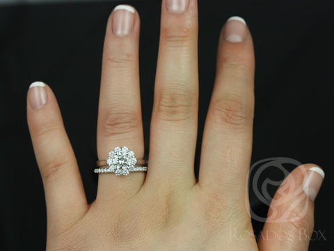 Blossom 6.5mm & Pernella 14kt Moissanite Diamonds Scalloped Flower Halo Bridal Set - Rosados Box