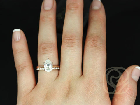 2cts Skinny Jane 10x7mm & Taylor 14kt Gold Moissanite Pear Solitaire Wedding Set - Rosados Box