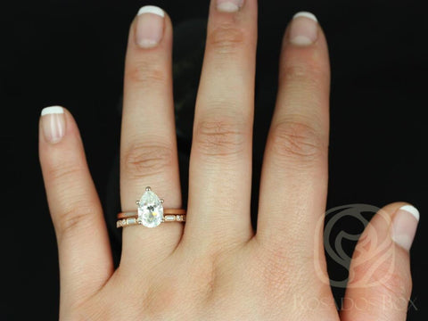 2ct Skinny Jane 10x7mm & Ivanna 14kt Gold Moissanite Art Deco Pear Solitaire Bridal Set - Rosados Box