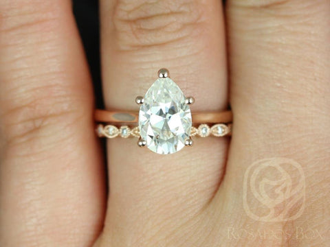 2ct Skinny Jane 10x7mm & Gwen 14kt Moissanite Dainty Art Deco Pear Solitaire Bridal Set - Rosados Box