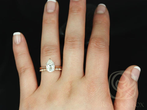 2ct Skinny Jane 10x7mm & Gwen 14kt Moissanite Dainty Art Deco Pear Solitaire Bridal Set - Rosados Box