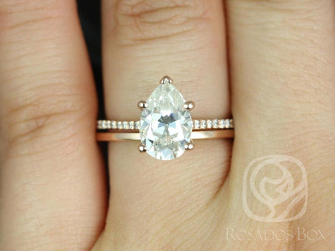 2ct Ann 10x7mm & PLAIN WB 14kt Gold Moissanite Diamond Dainty Pear Solitaire with Accents Bridal Set - Rosados Box