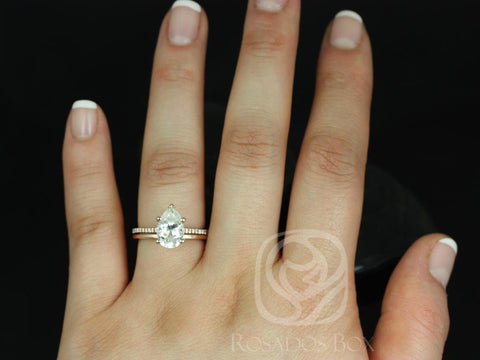 2ct Ann 10x7mm & PLAIN WB 14kt Gold Moissanite Diamond Dainty Pear Solitaire with Accents Bridal Set - Rosados Box