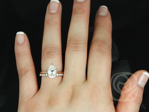 2ct Skinny Jane 10x7mm & Petite Naomi 14kt Rose Gold Moissanite Scalloped Dainty Pear Solitaire Wedding Set Rings,Rosados Box