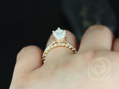 2ct Skinny Jane 10x7mm & Petite Naomi 14kt Rose Gold Moissanite Scalloped Dainty Pear Solitaire Wedding Set Rings,Rosados Box