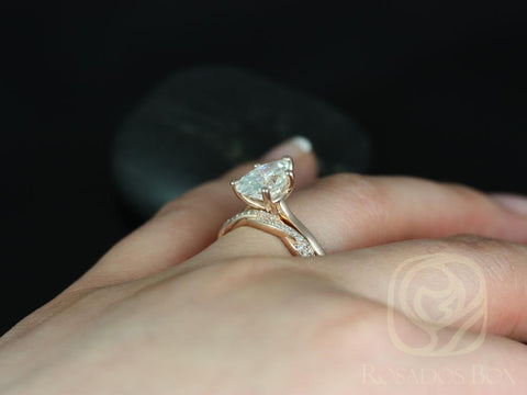 2ct Skinny Jane 10x7mm & Twyla 14kt Gold Moissanite Twisted Rope Pear Solitaire Bridal Set - Rosados Box
