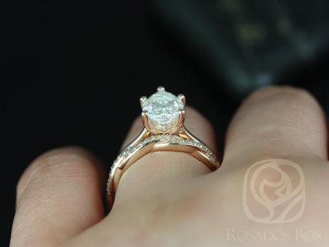 2ct Skinny Jane 10x7mm & Twyla 14kt Gold Moissanite Twisted Rope Pear Solitaire Bridal Set - Rosados Box