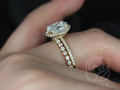 3ct Federella 10x8mm & Petite Naomi 14kt Moissanite Diamond Dainty Oval Halo Bridal Set - Rosados Box