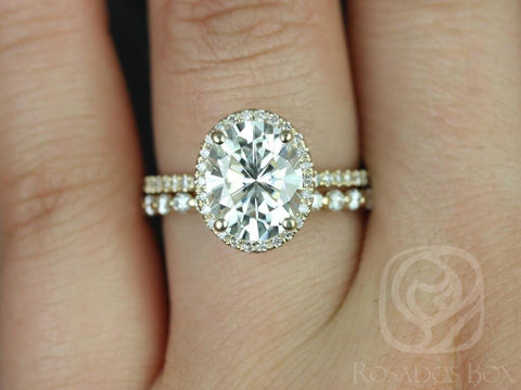 3ct Federella 10x8mm & Petite Naomi 14kt Moissanite Diamond Dainty Oval Halo Bridal Set - Rosados Box