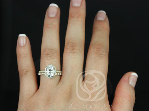 3ct Federella 10x8mm & Petite Naomi 14kt Moissanite Diamond Dainty Oval Halo Bridal Set - Rosados Box