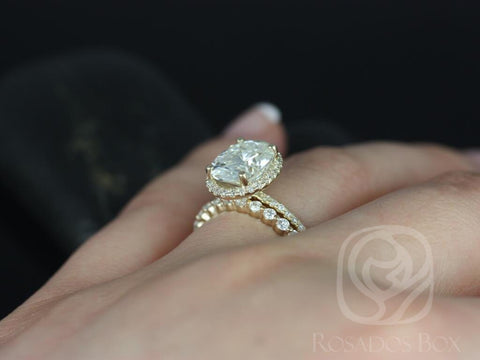 3ct Federella 10x8mm & Petite Naomi 14kt Moissanite Diamond Dainty Oval Halo Bridal Set - Rosados Box