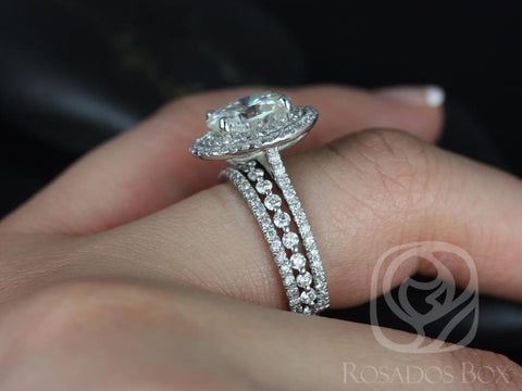 3ct Cara 10x8mm & Petite Naomi 14kt Gold Moissanite Diamond Dainty Double Halo TRIO Bridal Set - Rosados Box