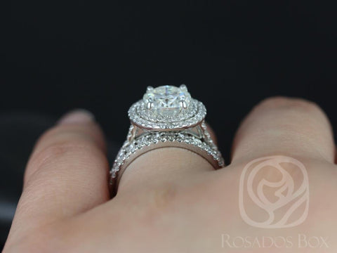 3ct Cara 10x8mm & Petite Naomi 14kt Gold Moissanite Diamond Dainty Double Halo TRIO Bridal Set - Rosados Box