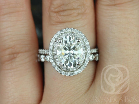 3ct Cara 10x8mm & Medio Naomi 14kt Gold Moissanite Diamonds Dainty Oval Pave Double Halo Bridal Set - Rosados Box