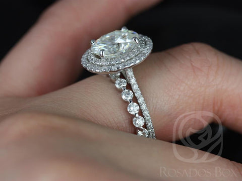 3ct Cara 10x8mm & Medio Naomi 14kt Gold Moissanite Diamonds Dainty Oval Pave Double Halo Bridal Set - Rosados Box