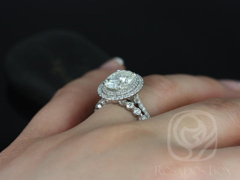 3ct Cara 10x8mm & Medio Naomi 14kt Gold Moissanite Diamonds Dainty Oval Pave Double Halo Bridal Set - Rosados Box