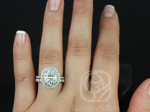 3ct Cara 10x8mm & Medio Naomi 14kt Gold Moissanite Diamonds Dainty Oval Pave Double Halo Bridal Set - Rosados Box