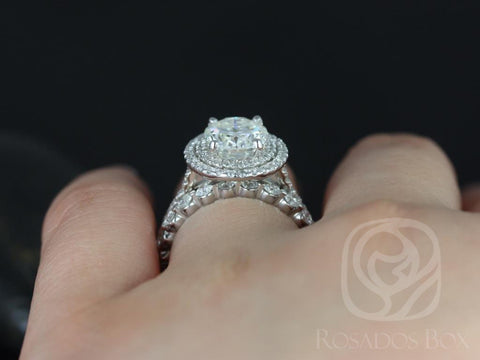 3ct Cara 10x8mm & Medio Naomi 14kt Gold Moissanite Diamonds Dainty Oval Pave Double Halo Bridal Set - Rosados Box