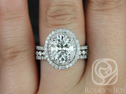 3ct Cara 10x8mm & Petite Naomi 14kt Gold Moissanite Diamond Dainty Double Halo TRIO Bridal Set - Rosados Box