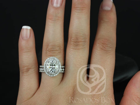 3ct Cara 10x8mm & Petite Naomi 14kt Gold Moissanite Diamond Dainty Double Halo TRIO Bridal Set - Rosados Box