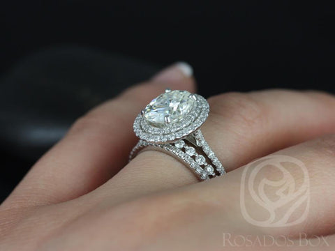 3ct Cara 10x8mm & Petite Naomi 14kt Gold Moissanite Diamond Dainty Double Halo TRIO Bridal Set - Rosados Box