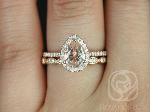 Ready to Ship Tabitha 8x6mm & Christie 14kt YELLOW Gold Morganite Diamonds Art Deco Pear Halo Bridal Set - Rosados Box