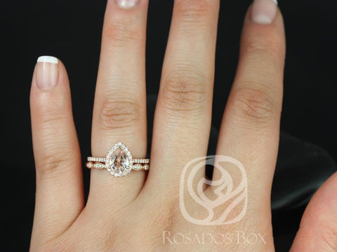 Tabitha 8x6mm & Christie 14kt Rose Gold Pear Morganite Diamonds Art Deco Scalloped Halo Bridal Set - Rosados Box