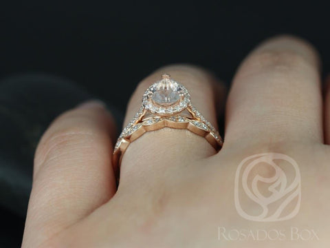 Tabitha 8x6mm & Christie 14kt Rose Gold Pear Morganite Diamonds Art Deco Scalloped Halo Bridal Set - Rosados Box
