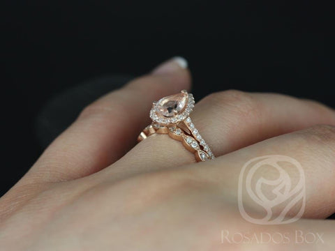 Ready to Ship Tabitha 8x6mm & Christie 14kt YELLOW Gold Morganite Diamonds Art Deco Pear Halo Bridal Set - Rosados Box
