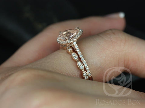 Tabitha 8x6mm & Christie 14kt Rose Gold Pear Morganite Diamonds Art Deco Scalloped Halo Bridal Set - Rosados Box