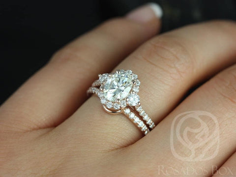 1.50ct Bridgette 8x6mm 14kt Moissanite Diamond Unique Halo Bridal Set - Rosados Box