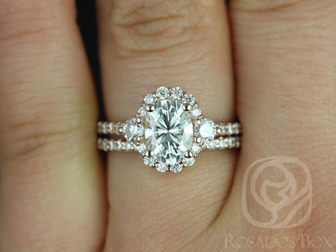 1.50ct Bridgette 8x6mm 14kt Moissanite Diamond Unique Halo Bridal Set - Rosados Box