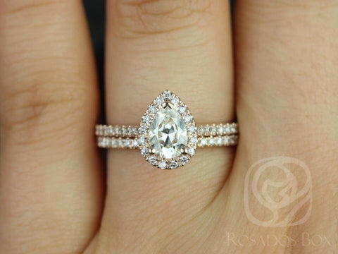0.75cts Tabitha 7x5mm 14kt Rose Gold Moissanite Diamonds Pear Halo Classic Bridal Set - Rosados Box