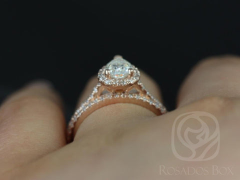 0.75cts Tabitha 7x5mm 14kt Rose Gold Moissanite Diamonds Pear Halo Classic Bridal Set - Rosados Box