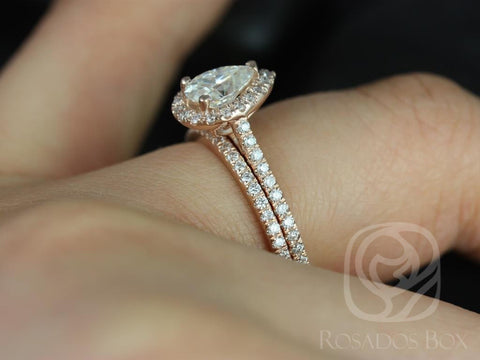 0.75cts Tabitha 7x5mm 14kt Rose Gold Moissanite Diamonds Pear Halo Classic Bridal Set - Rosados Box