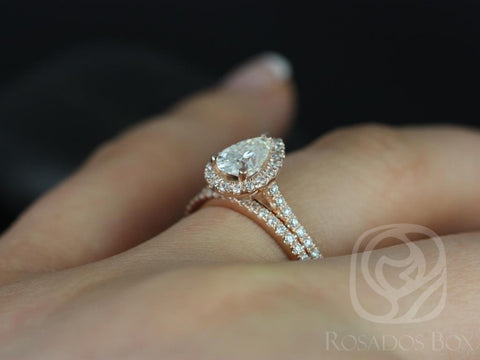 0.75cts Tabitha 7x5mm 14kt Rose Gold Moissanite Diamonds Pear Halo Classic Bridal Set - Rosados Box