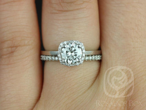 0.75ct Bella 6mm & Catalina 14kt Gold Moissanite Diamond Cushion Halo Bridal Set - Rosados Box