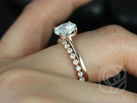 Ready to Ship UPGRADED Skinny Flora 8mm & Petite Naomi 14kt Rose Gold Round Moissanite and Diamonds Wedding Set
