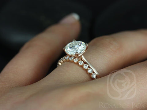 Ready to Ship UPGRADED Skinny Flora 8mm & Petite Naomi 14kt Rose Gold Round Moissanite and Diamonds Wedding Set