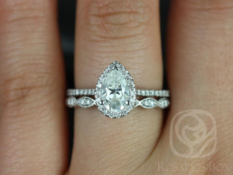 1ct Tabitha 8x5mm & Christie 14kt Gold Moissanite Diamond Art Deco Pear Halo Bridal Set - Rosados Box
