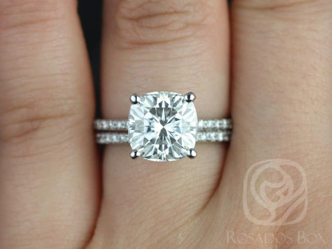 3.30ct Heidi 9mm 14kt White Gold Forever One Moissanite Diamond Art Deco Dainty Hidden Pave Basket Cushion Wedding Set Rings,Rosados Box - Rosados Box