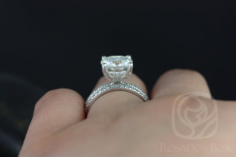 3.30ct Heidi 9mm 14kt White Gold Forever One Moissanite Diamond Art Deco Dainty Hidden Pave Basket Cushion Wedding Set Rings,Rosados Box - Rosados Box