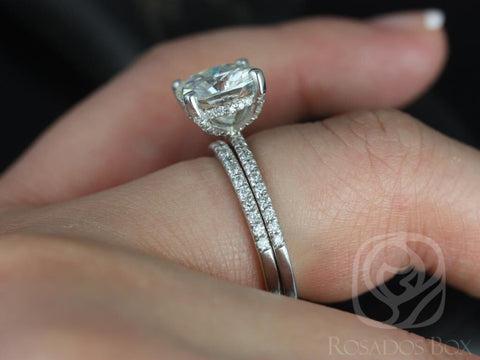 3.30ct Heidi 9mm 14kt White Gold Forever One Moissanite Diamond Art Deco Dainty Hidden Pave Basket Cushion Wedding Set Rings,Rosados Box - Rosados Box