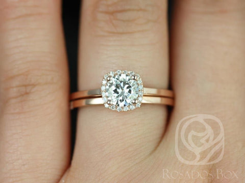 0.75ct Bella 6mm & Plain Band 14kt Moissanite Diamond Cushion Halo Bridal Set - Rosados Box