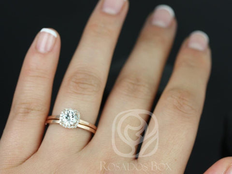 0.75ct Bella 6mm & Plain Band 14kt Moissanite Diamond Cushion Halo Bridal Set - Rosados Box