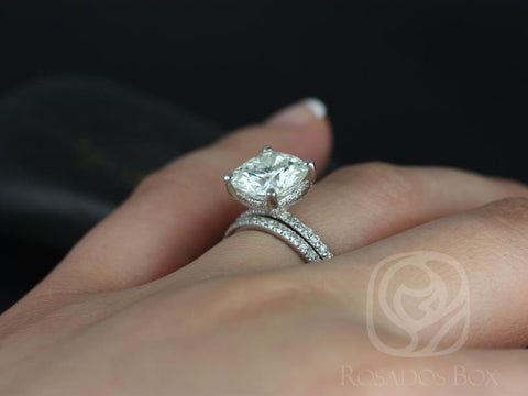 3.30ct Heidi 9mm 14kt White Gold Forever One Moissanite Diamond Art Deco Dainty Hidden Pave Basket Cushion Wedding Set Rings,Rosados Box - Rosados Box