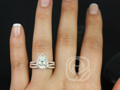 2cts Tabitha 10x7mm & Skinny Lima 14kt Gold Moissanite Diamonds Infinity Pear Halo Bridal Set - Rosados Box