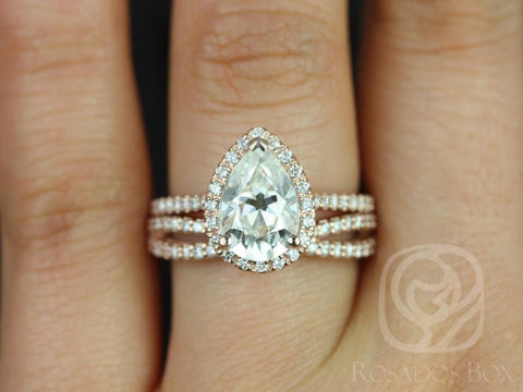2cts Tabitha 10x7mm & Skinny Lima 14kt Gold Moissanite Diamonds Infinity Pear Halo Bridal Set - Rosados Box