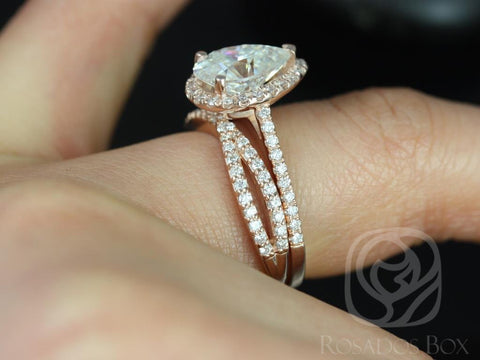 2cts Tabitha 10x7mm & Skinny Lima 14kt Gold Moissanite Diamonds Infinity Pear Halo Bridal Set - Rosados Box